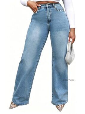 Women's Wide Leg High Waisted Baggy Stretch Denim Jeans Rhinestone Pocket
